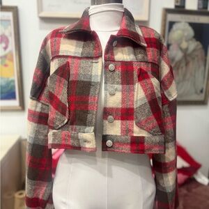 Plaid Cropped Jacket - Red and Brown